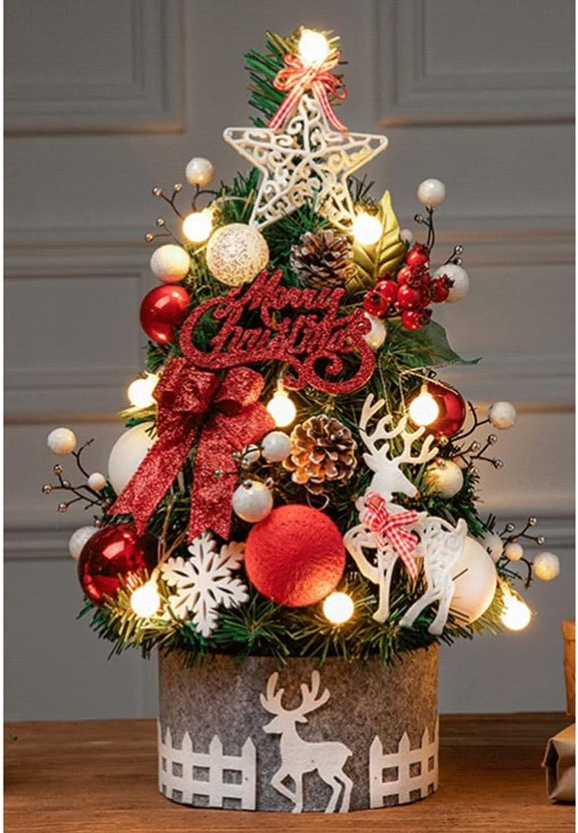 Kunstkerstboom Pre-verlichte kunstmatige mini-kerstboom omvat klein goud rood LED Lichten besneeuwde concolor 17.7ft 23.6ft kerstboom (Color : B, Grootte : 60CM)