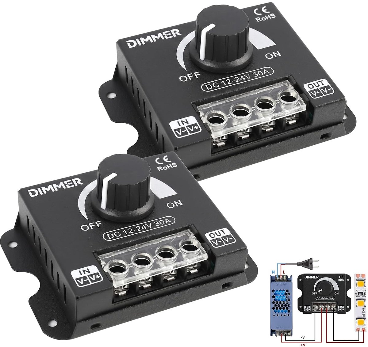 2 x PWM led-dimmer 12 V/24 V DC 30 A met aan/uit-schakelaar, robuuste metalen behuizing, helderheidsregeling voor monochrome strips 5050, 3528, 5630, binnen- en buitenverlichting