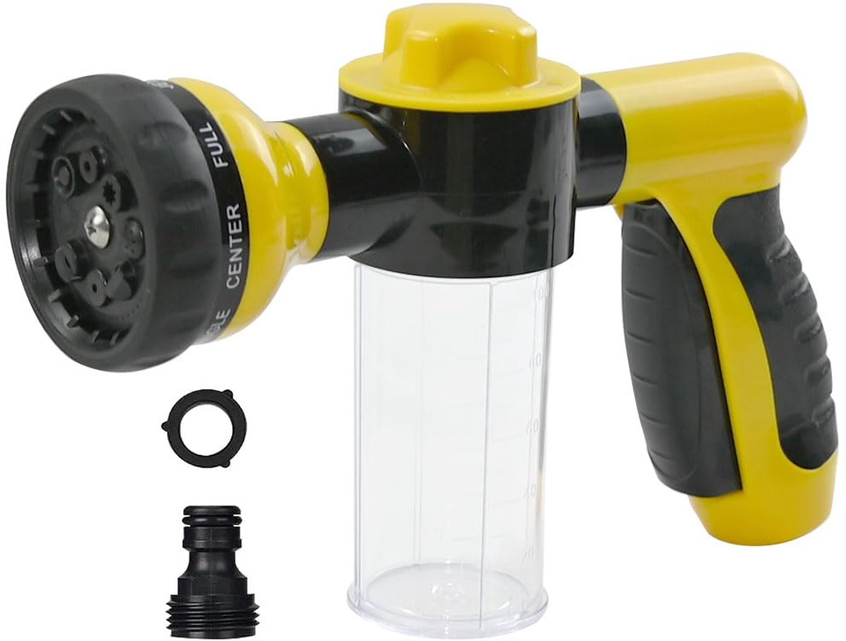 Tuinslangspuitpistool 8 modi - geel - met zeepdispenser - ideaal voor autowassen - ShopVlot