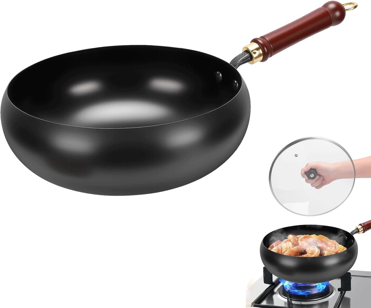 Japanse ijzeren pan met houten deksel, 28 cm ijzeren pan zonder coating, met spatel, handgesmede gietijzeren wokpan voor elektrische fornuizen/inductiekookplaten/gasfornuizen (glazen deksel)