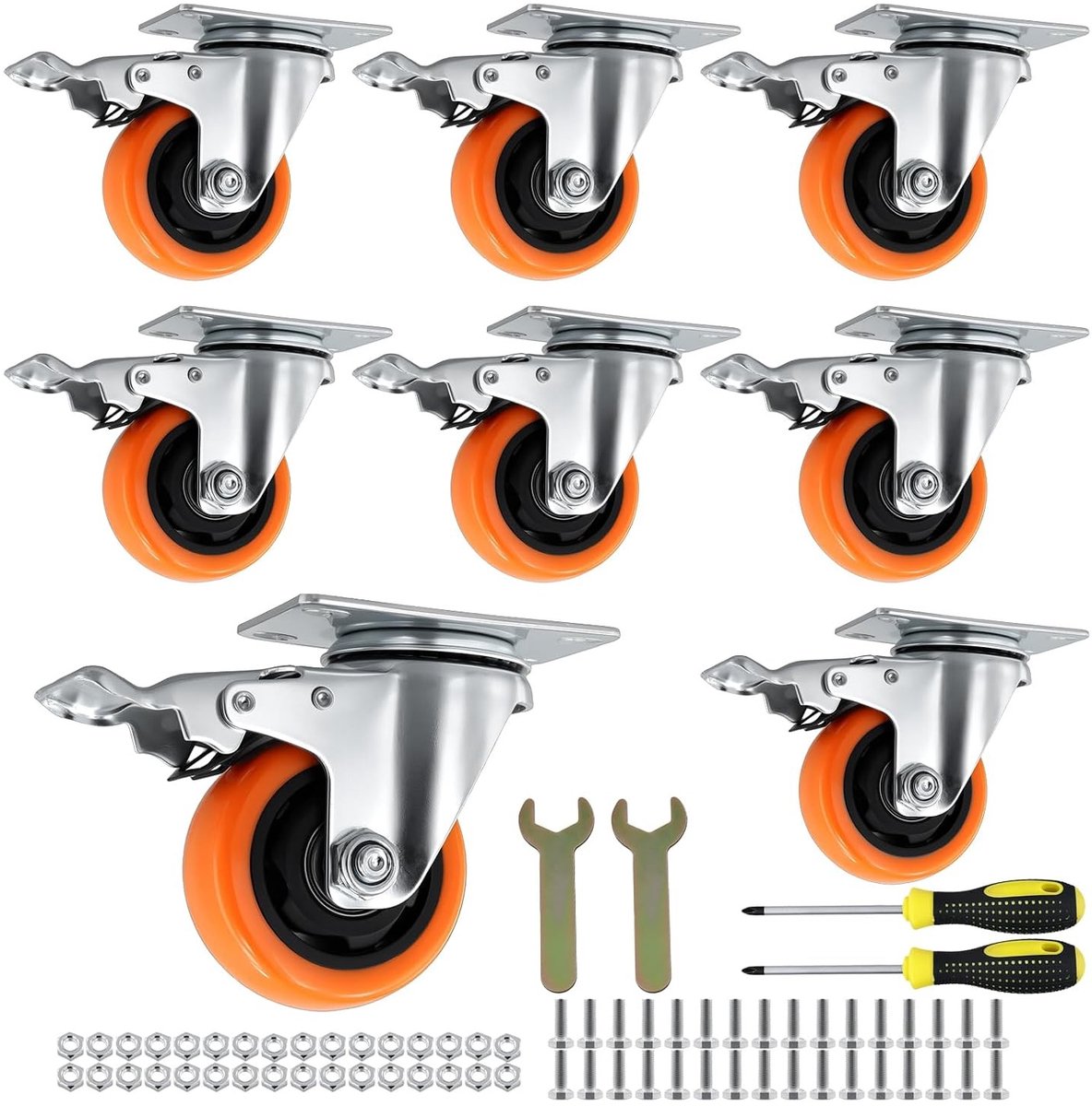 Zwenkwielen 75 mm met Rem, Transportwielen voor Meubels, Zware Wielen voor Industrie en Logistiek, Draagvermogen 90 kg, Set van 8