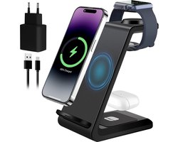 Inductielader 3 in 1, Laadstation voor iPhone 16/15/14/13/12/11/Pro/Max/X/8/Plus, Draadloze lader voor Apple Watch 10/9/Ultra/8/7/6/SE/5/4/3/AirPods Pro 4 3 2
