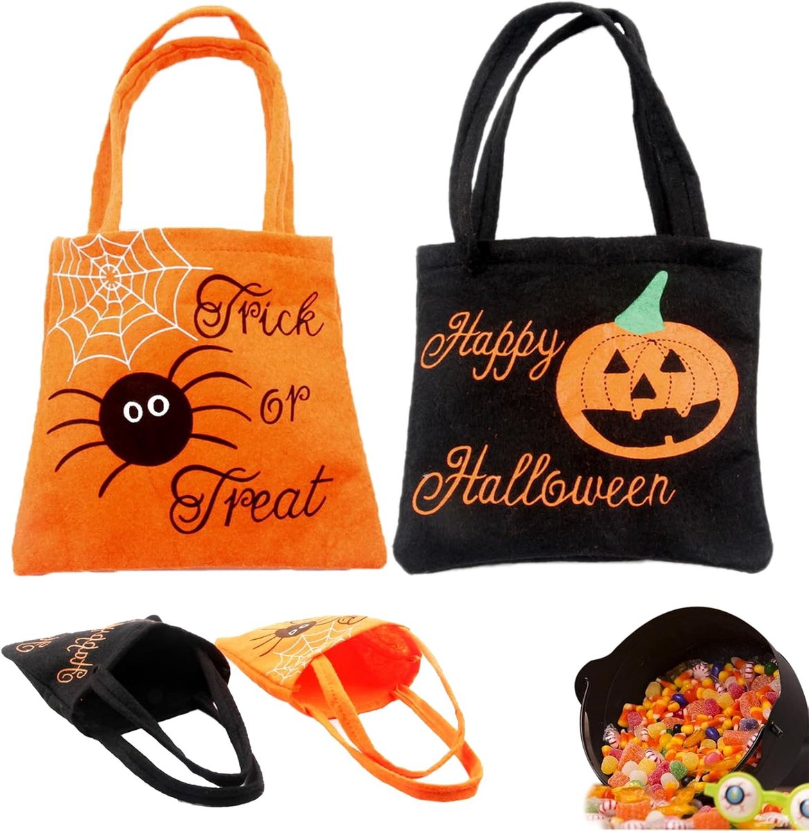 2 stuks Halloween-snoepzakjes, draagtas, pompoen, Halloween snoepzak, Halloween pompoentas, Halloween pompoentas, snoepzak, schattige of zure tassen, voor Halloween feestdecoratie