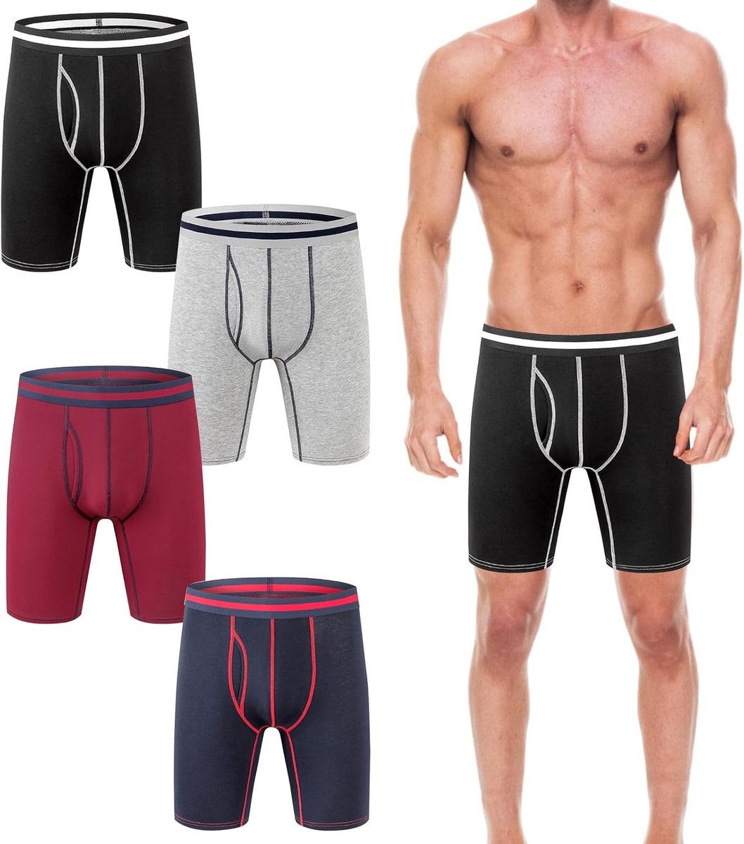 Set van 4 heren boxershorts van katoen, lange pijpen, elastische sportondergoed voor fitness en dagelijks gebruik