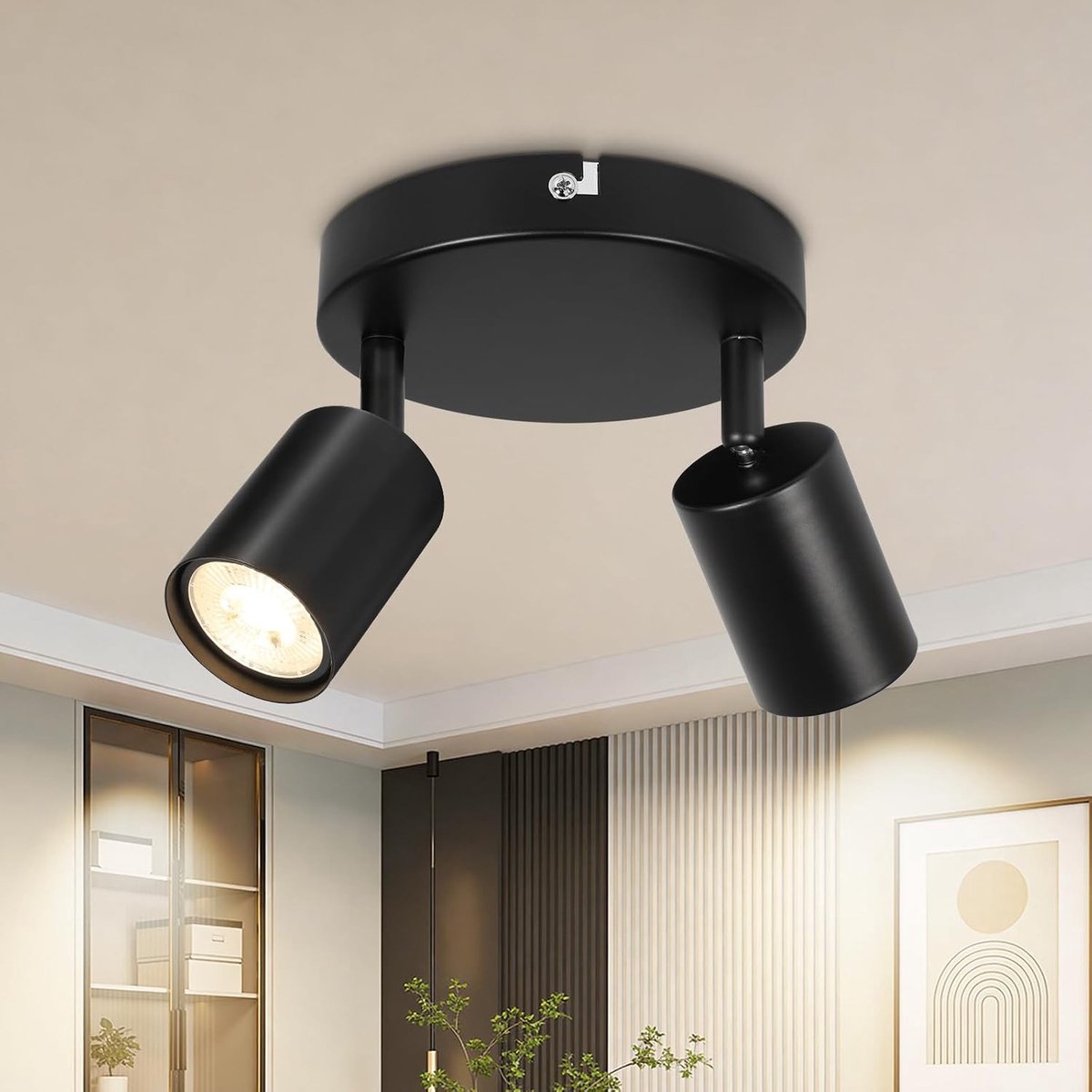 Moderne Ronde Plafondlamp met 2 Draaibare Spotlights voor Keuken, Woonkamer en Slaapkamer, GU10 Fitting, Zwart Design