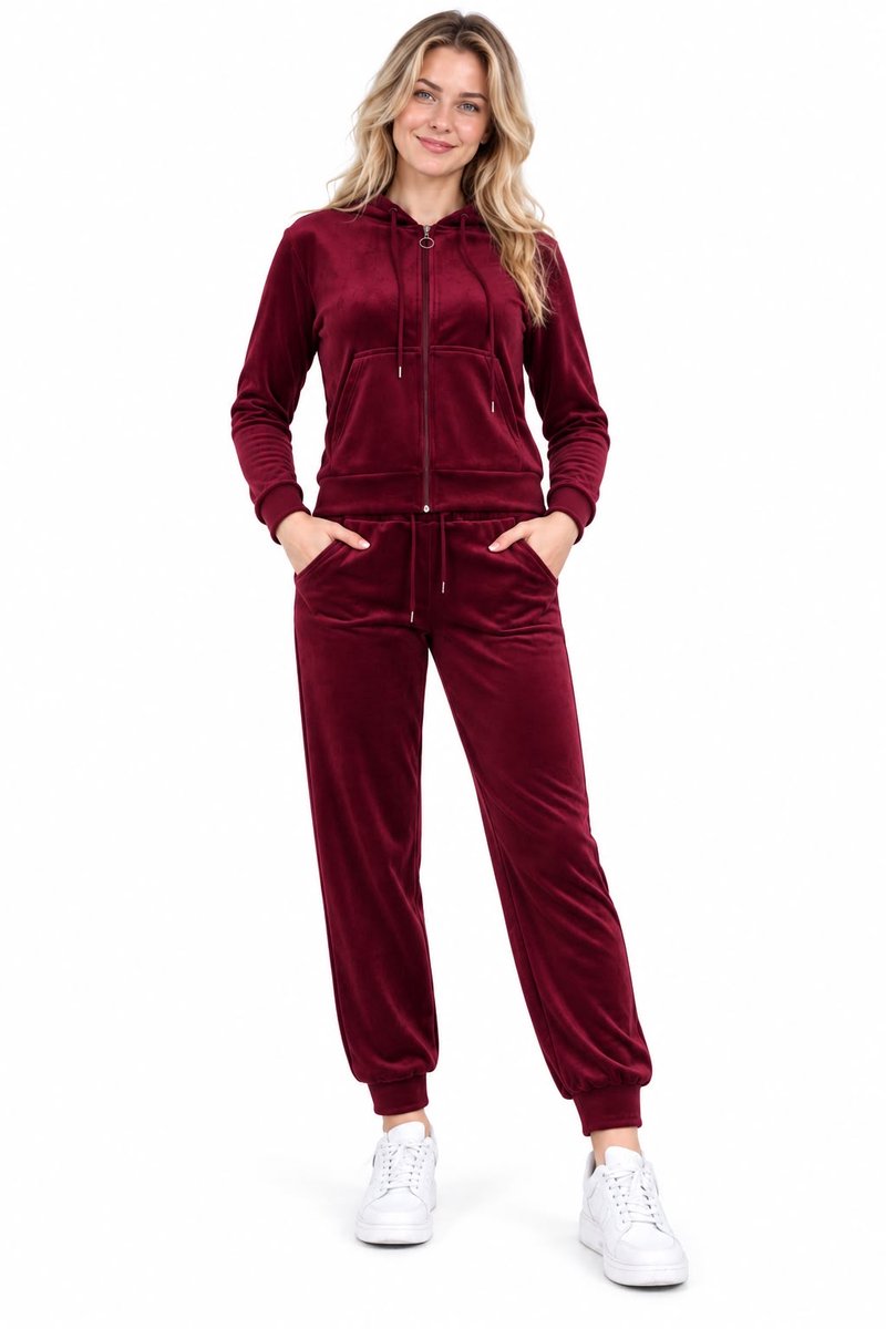 Dames must-Have Velvet Huispak-Huispak-Velours Huispak-Hoodie met capuchon-Rits-Joggingpak-Huispak-2XL/3XL(40/42)- NGHP-W26005 Bordeaux