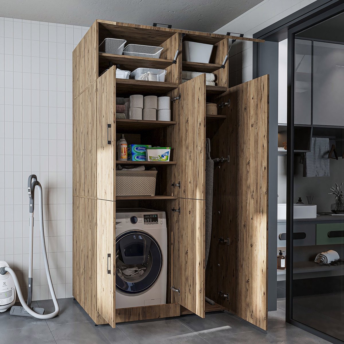 Roomart DORA-II Wasmachine Ombouwkast 115x230 cm met Opzetkast - Eiken