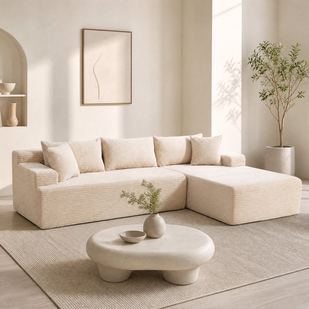 MEUNIQ Modulaire hoekbank 272 x 174 x 74,5 cm met chaiselongue, chenille bekleding, 4 zitplaatsen en antislip onderzijde, beige