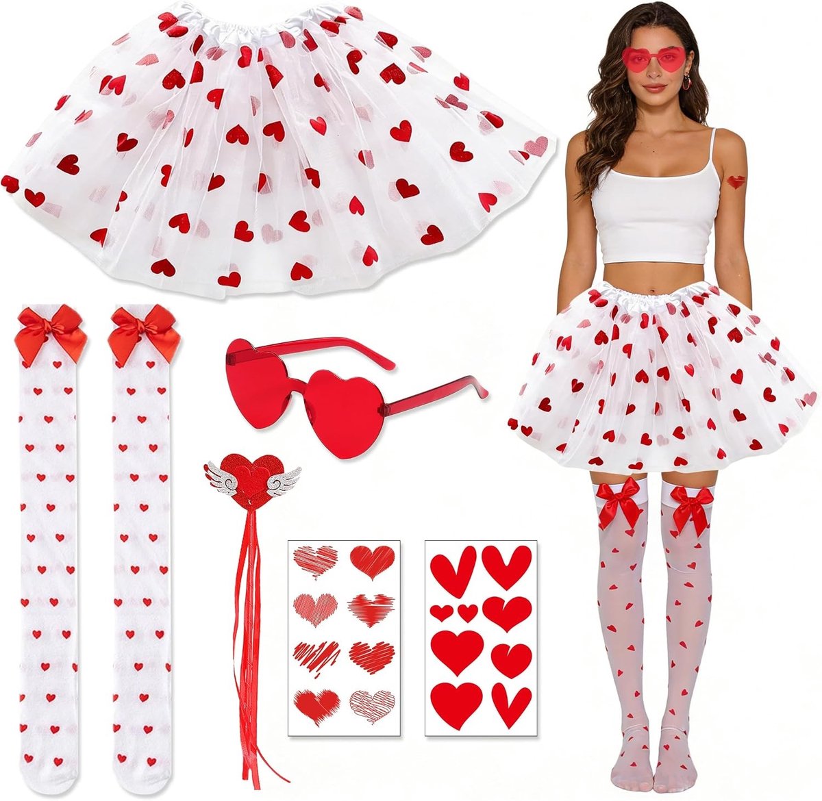 7-delige Amor Kostuum voor Vrouwen met Tüllrok, Hoofdband, Toverstaf, Sokken, Bril en Tattoos voor Valentijnsdag, Carnaval en Cosplay Feesten