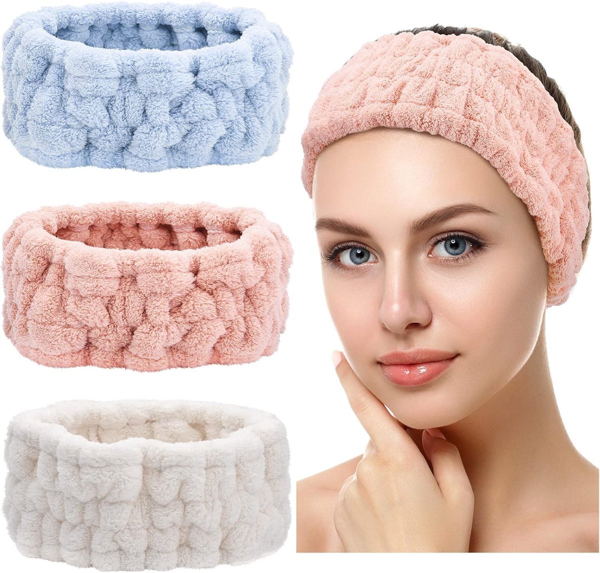 Set van 3 Haarbanden voor Gezichtsverzorging en Make-up, Elastische Cosmetica Haarbanden voor Dames en Meisjes (Blauw, Roze, Wit) - Ideaal voor Yoga en Sport