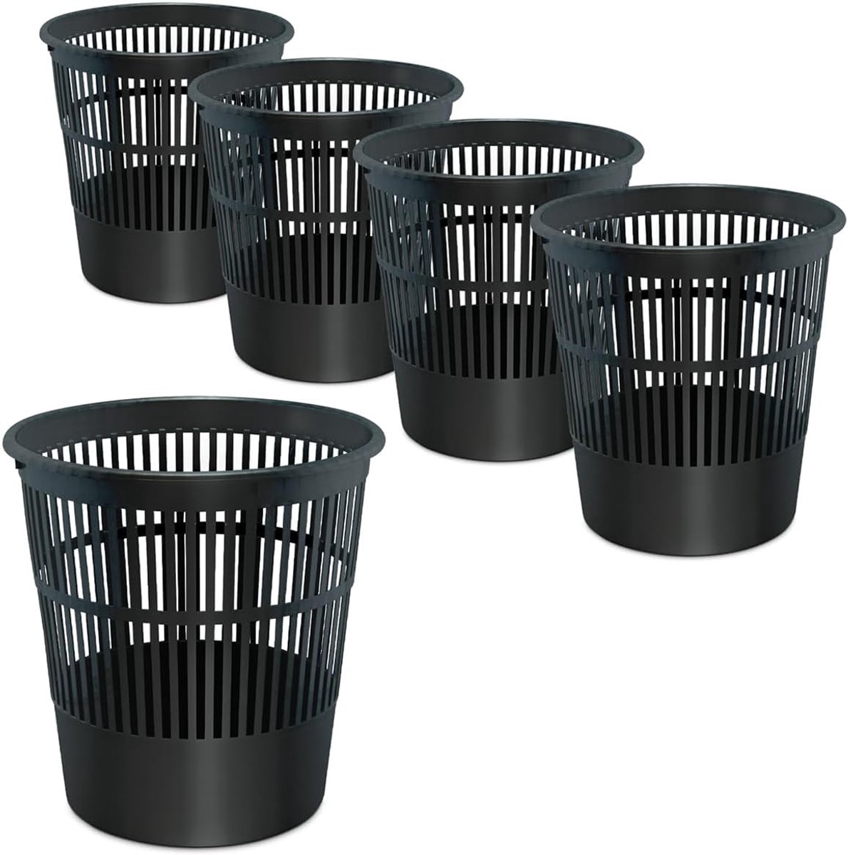Set van 5 prullenbakken van kunststof, zwart, 16 liter, voor kantoor en thuis
