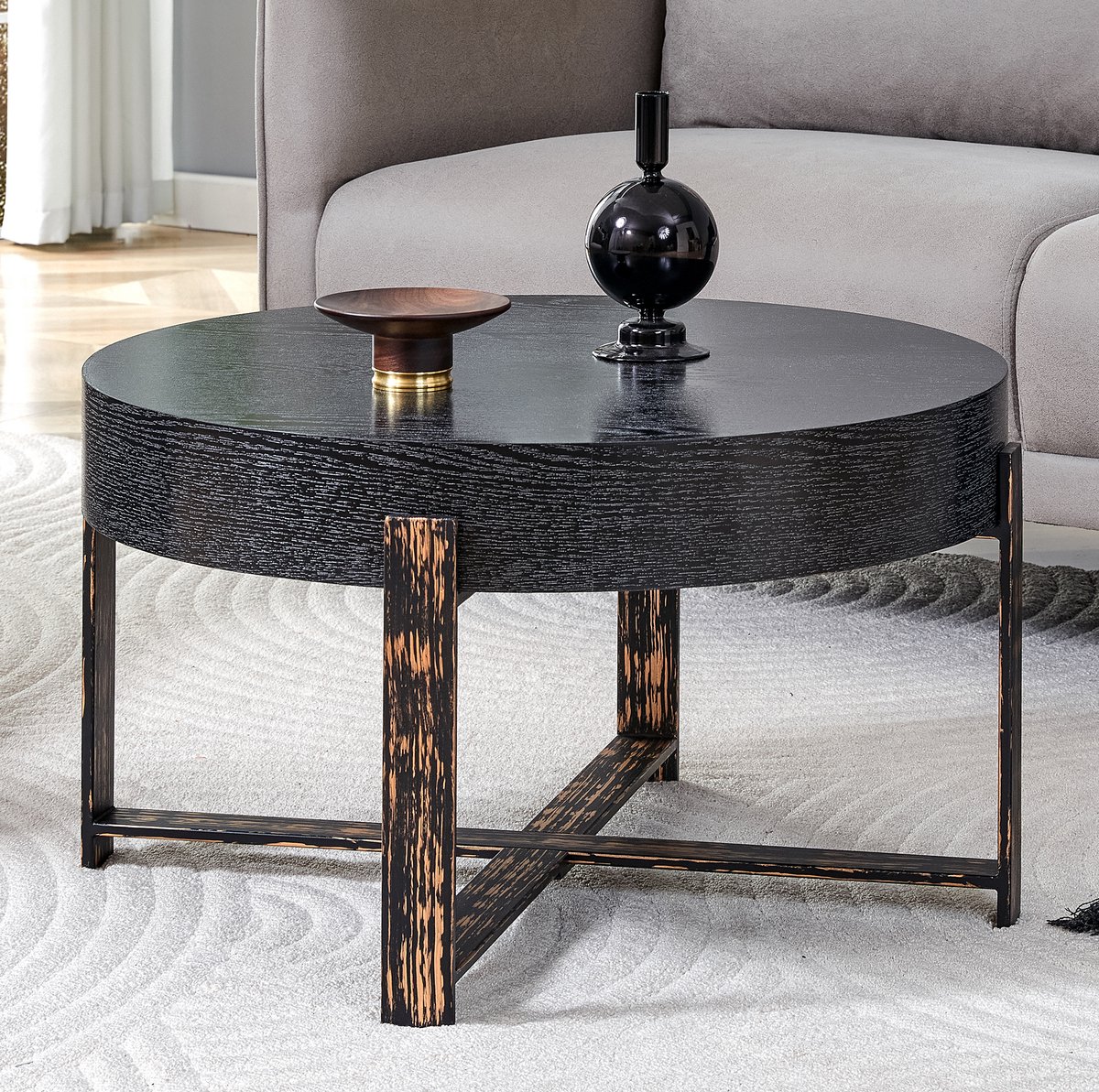 MEUNIQ Ronde bijzettafel Ø 68 cm – zwart MDF tafelblad, metalen kruisframe met houtlook, 39 cm hoog, antislipvoeten voor woonkamer en slaapkamer