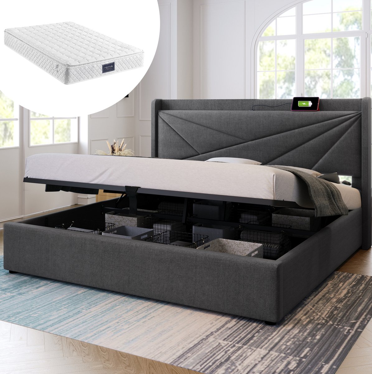 MEUNIQ Tweepersoons opbergbed 140x200 cm met gestoffeerd hoofdbord, USB- en Type-C-aansluitingen, lattenbodem en bedkast voor slaapkamer - Grijs