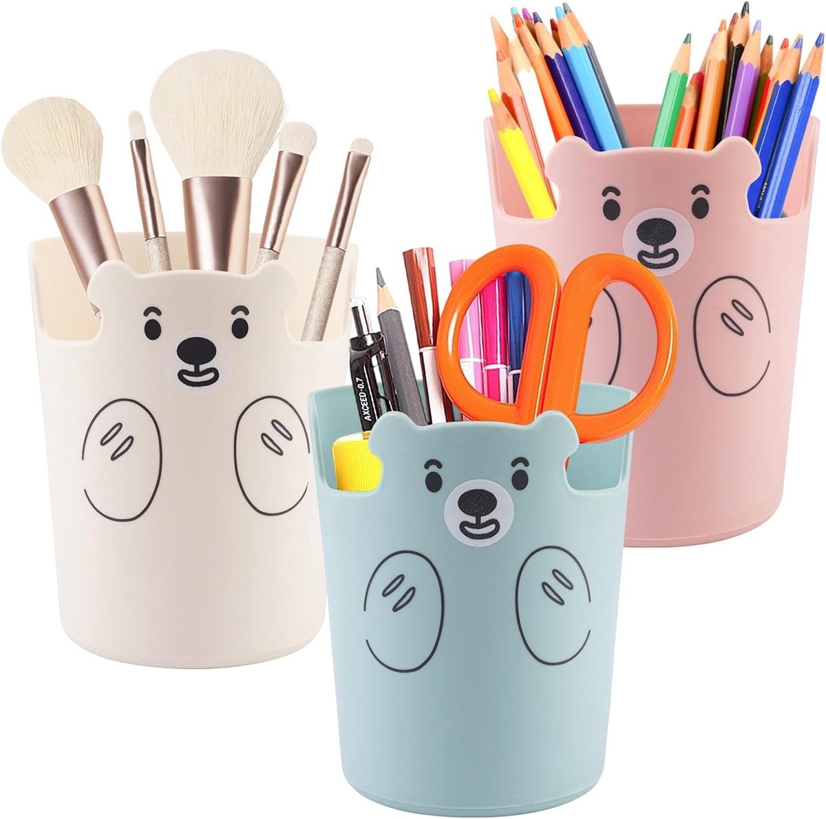 Multifunctionele Penhouder Set van 3, Ronde Desk Organizer voor Potloden en Make-up, Ideaal voor Thuis en Kantoor (Roze, Blauw, Wit)