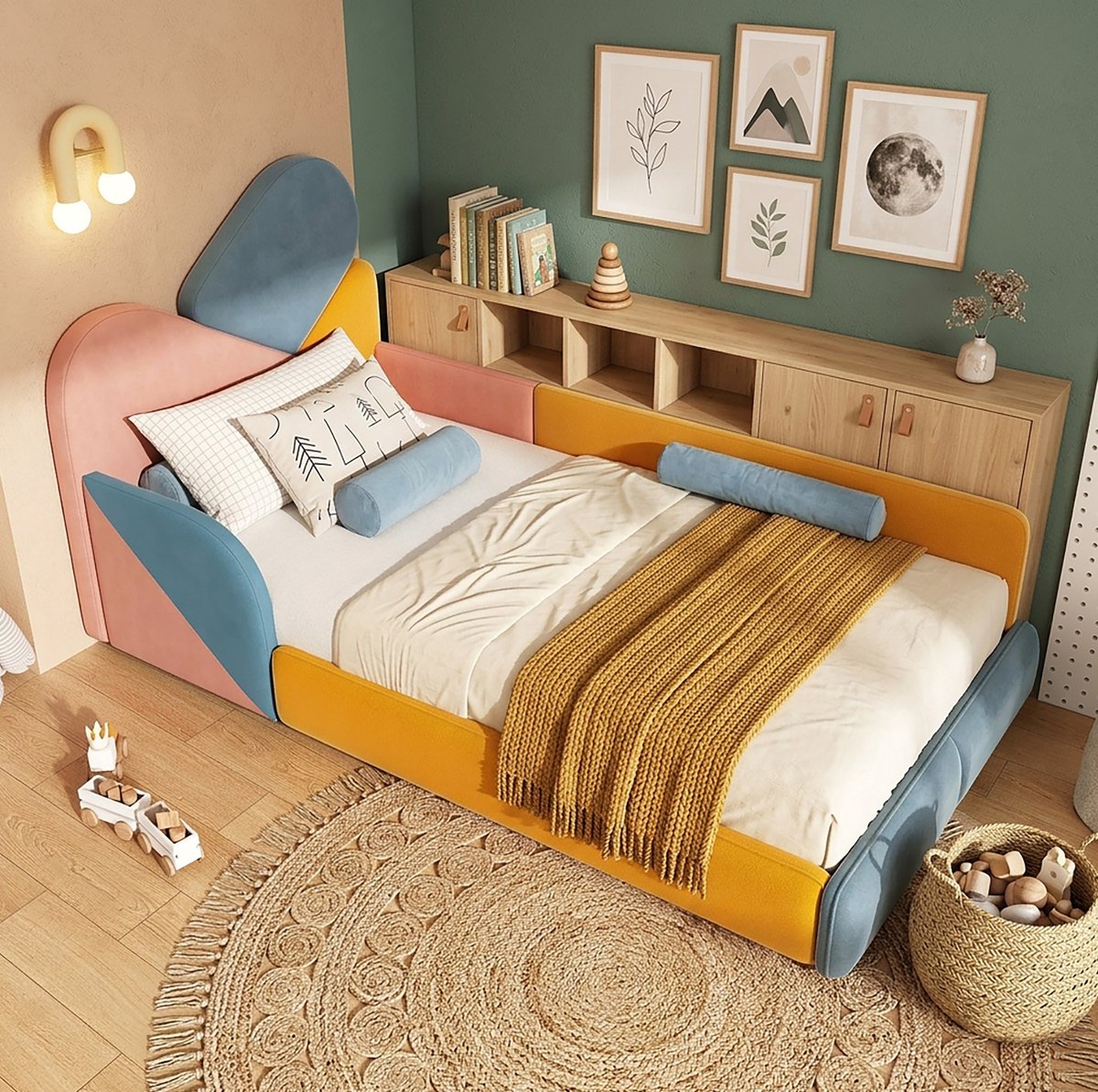 MODENUIT Kinderbed – Gepolsterd – 90 x 200 cm – Stof – Blauw, Roze en Oranje – Zijbescherming voor Kinderkamer Blauw, roze en geel