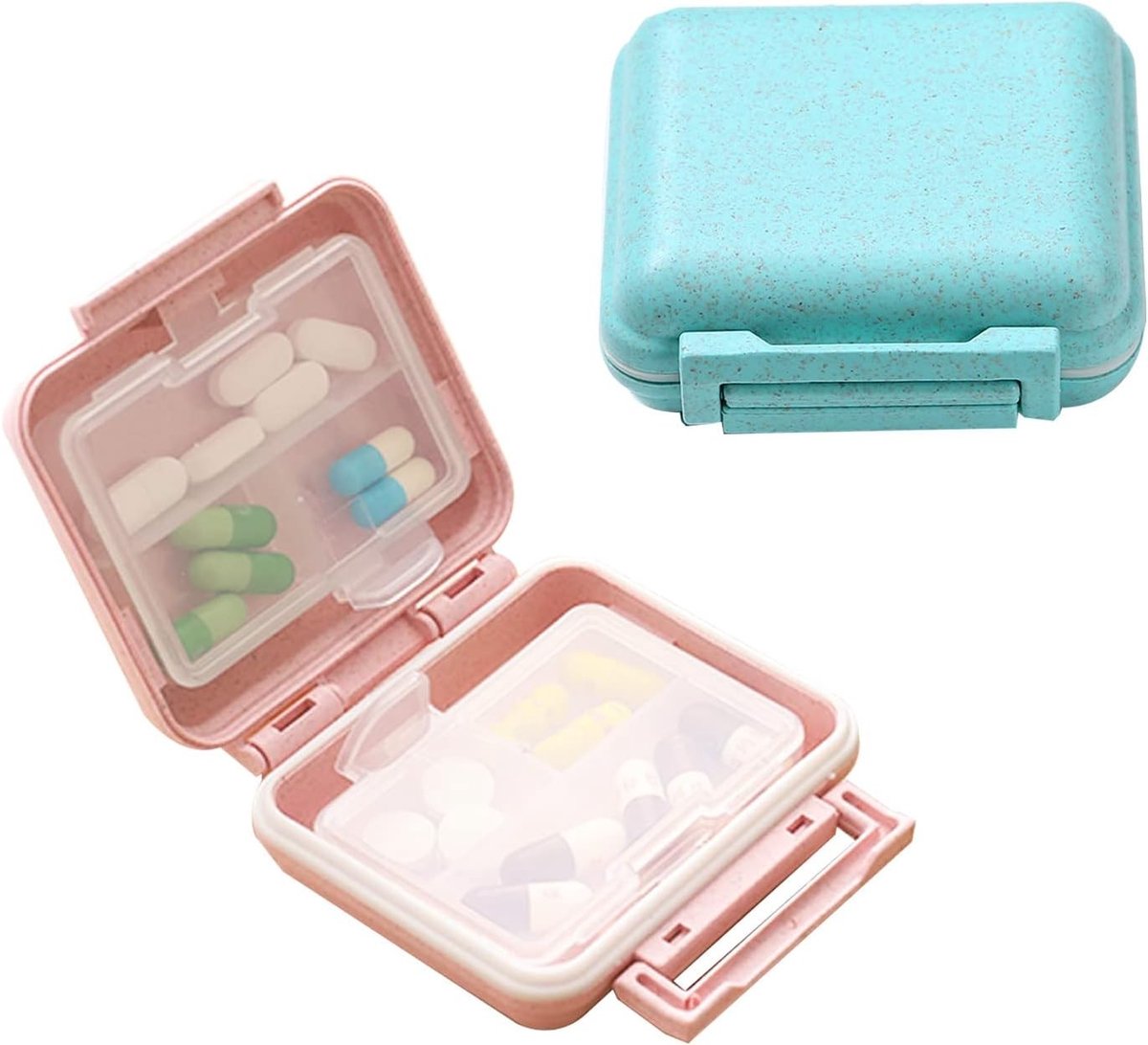 Reis Pillendoos 2 Stuks, Draagbare Kleine Dubbele Laag Afneembare Vochtbestendige Pillendoos (Blauw+Roze) - Ideaal voor Medicijnen, Supplementen en Organisatie