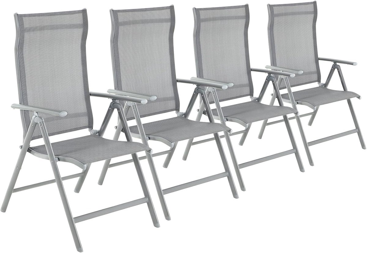 Tuinstoelen, set van 4, klapstoelen, stevig aluminium frame | Buitenstoelen, rugleuning in 8 standen verstelbaar, belastbaar tot 120 kg, grijs, SANDY Collectie GCB30GY