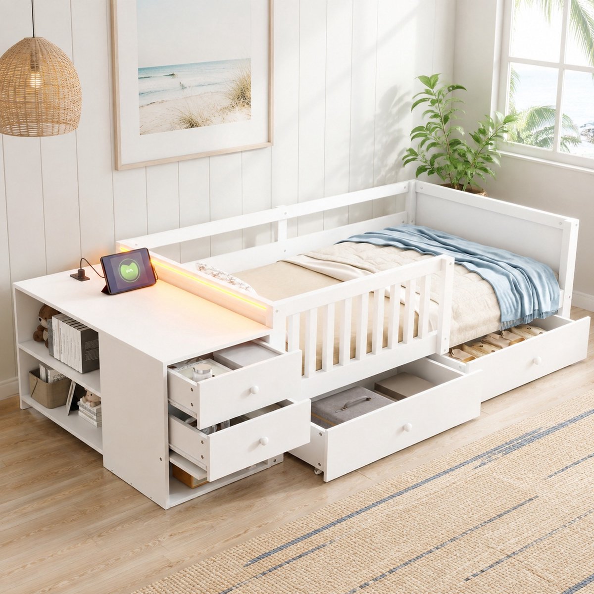 REDOM Hoogslaper voor kinderen - Bureau en opbergruimte - Veiligheidshek - LED-verlichting en stopcontact - MDF en metaal - Wit - 245 x 95 x 62,3 cm
