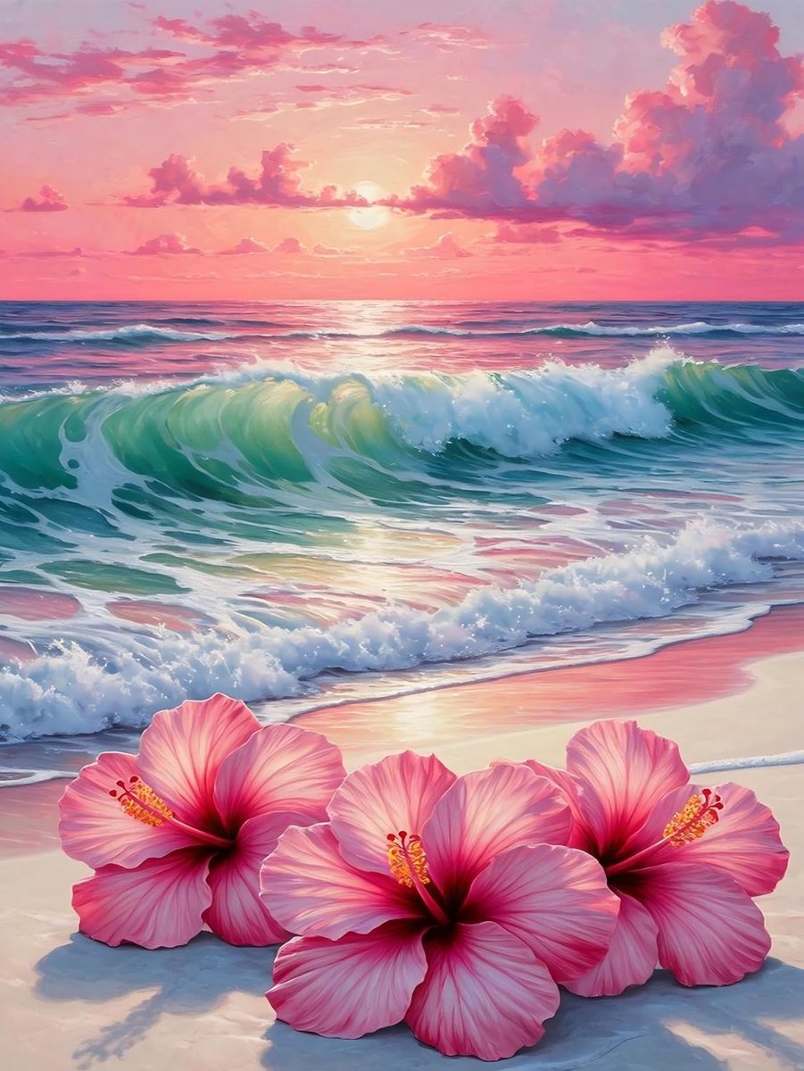 Diamond Painting landschapsset, 5D-diamantschilderset voor volwassenen, strand, zonsondergang, zee met bloemen, diamantschilderijen voor woondecoratie, creatieve geschenken voor beginners, 30 x 40 cm