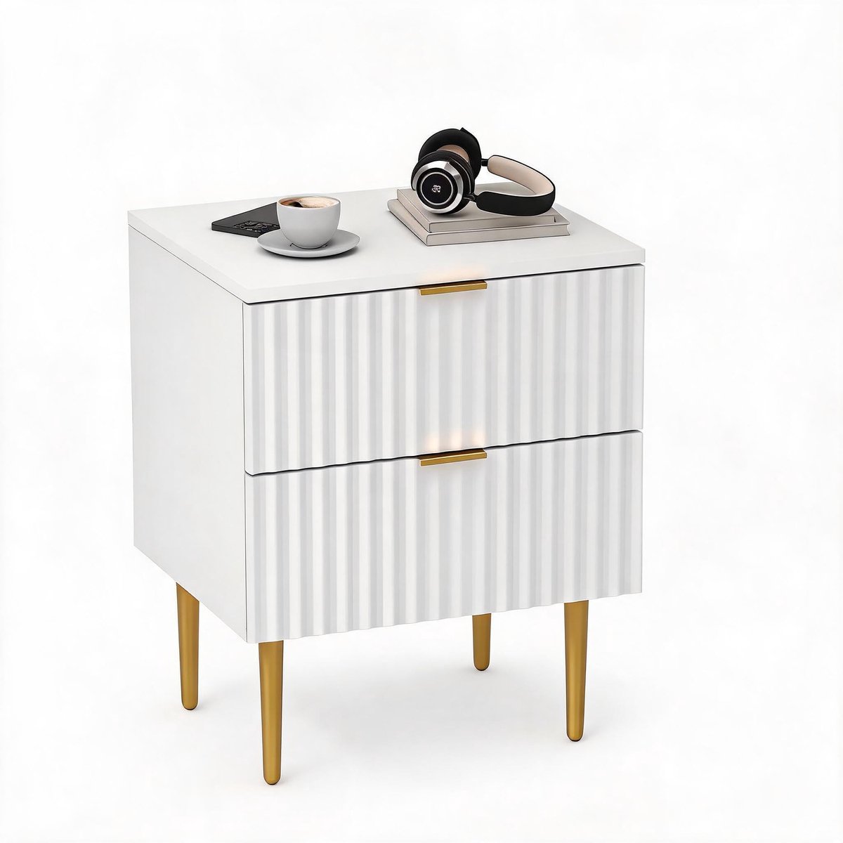 Danky Nachtkastje met 2 Lades - Geribbeld Modern Design - Geïntegreerd Oplaadstation met USB - Gouden Metalen Poten- Wit