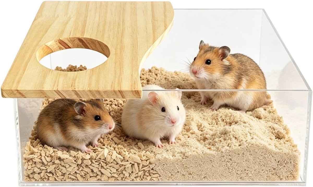 Litter Box Doorzichtige Acryl Houten Badkamertje | Hamster Stofbad Voor, Gerbil, Toilet, Speelplaats, Doos, Verzorging, Baden, , Verkennen, Verstoppen, En