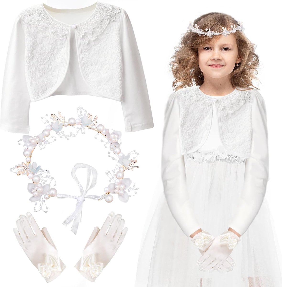 Communiejurk voor meisjes, witte bolero voor meisjes + communiehaaraccessoires + handschoenen met strik