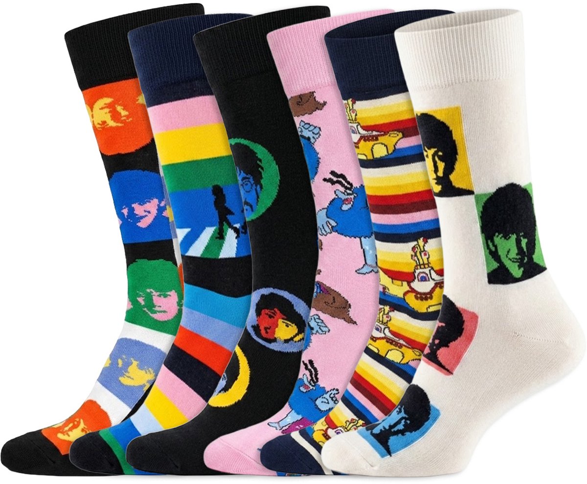 6 Paar – Happy Socks – Dames & Heren – Thema The Beatles – Katoen – Diverse Printjes