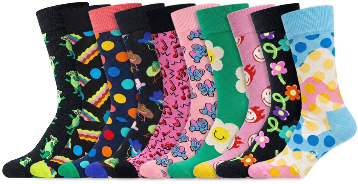 10 Paar – Happy Socks – Thema Vrolijk – Dames & Heren – Katoen – Diverse Kleuren