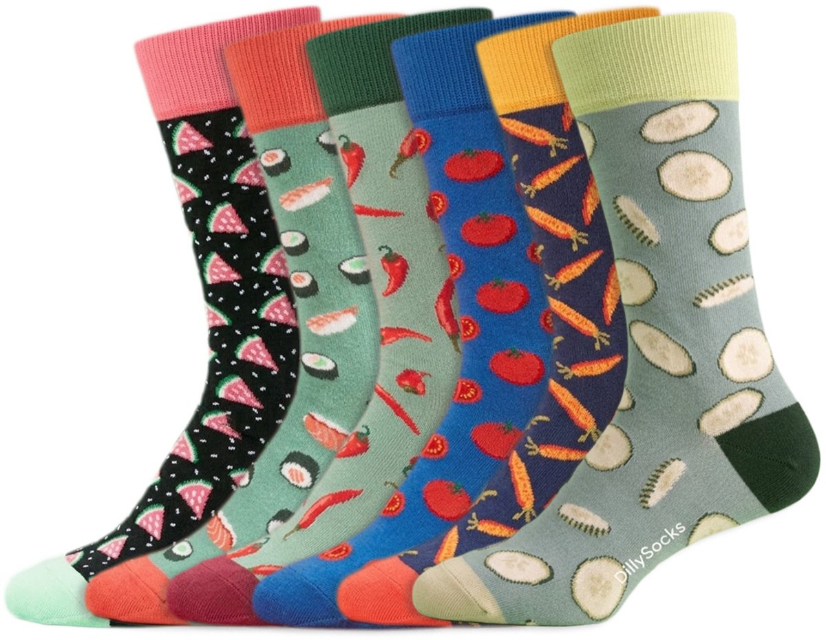 6 Paar – Dilly Socks – Thema Eten – Dames & Heren – Katoen – Diverse Printjes