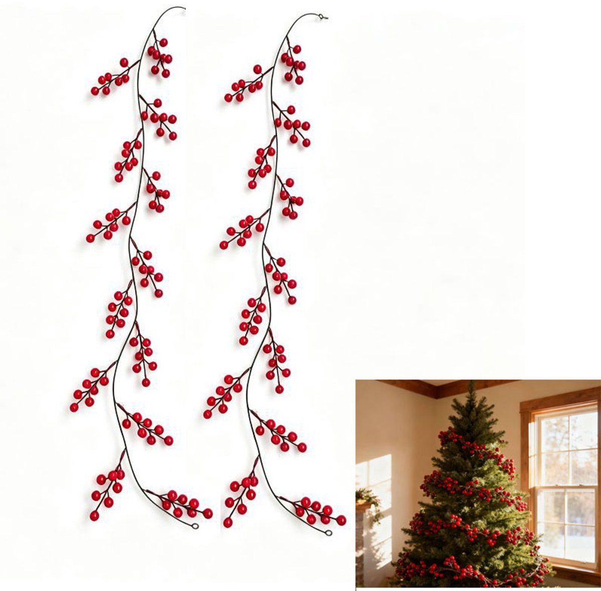 2-stuks Krans met rode bessen - Decoratie met rode bessen - Kunstbloem - Kerstdecoratie - Woondecoratie - Enkele krans van 1 meter lang - Geschikt voor kerstbomen, schoorsteenmantels, open haarden, ramen en buitendecoratie - Rood