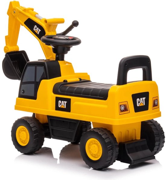 Gele loopauto van CAT met zwarte details, vier wielen en een werkende graafarm.