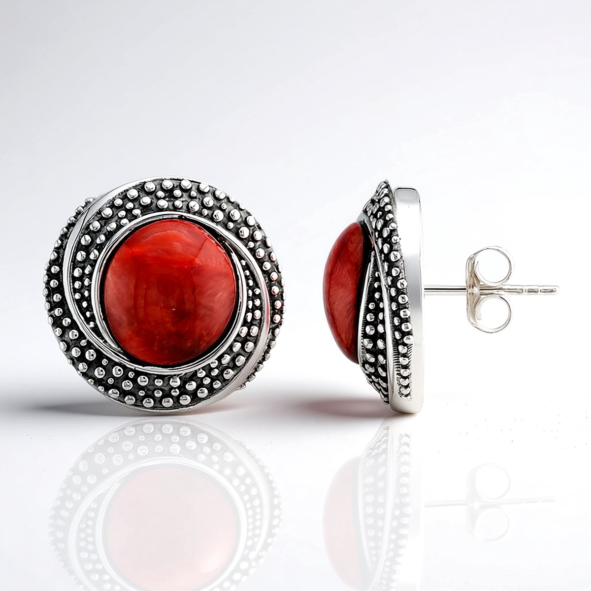 Cavill - Zilveren Oorbellen 925 Sterling Geoxideerd - Oranje Stekelige Oesters Cabochon 10mm - Handgemaakt Unieke Sieraden uit Ecuador