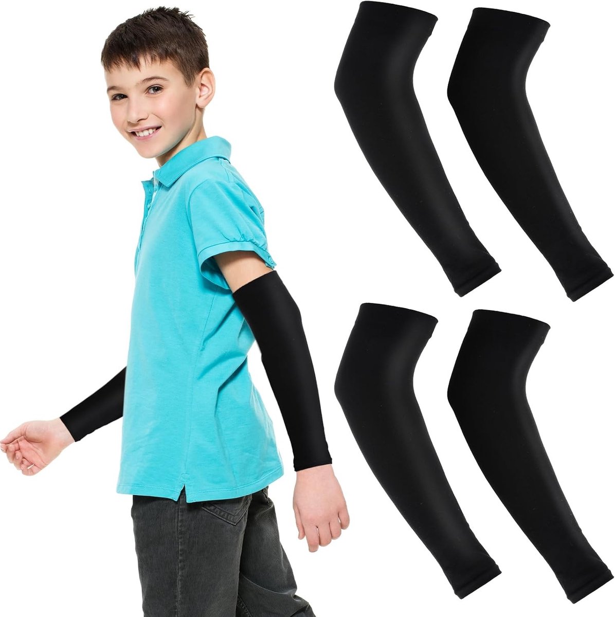 2 Paar Kindermouwen voor Zonnebescherming, UV-Bescherming, Ice Silk, Zwart en Wit, 24*8.5cm / 9.4*3.3in
