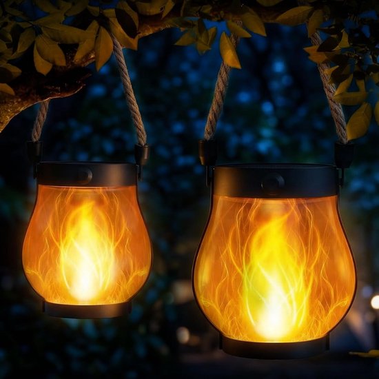 KZQ 2-delige oplaadbare solar lantaarns met flikkerend vlameffect - 2 modi warm wit - Waterdicht voor tuin patio en veranda - USB en zonne-energie - Zwart — afbeelding 5