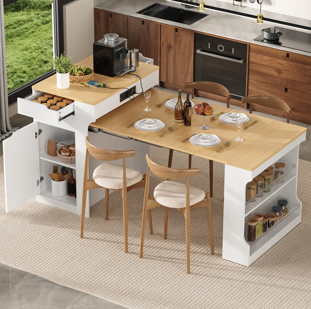 MODFU Uitschuifbare Eettafel Met Wielen En Lades - Wit - 153 x 80 x 93 cm