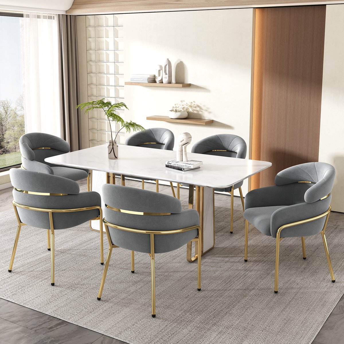 FloraGrace Eetkamerstoel – Set Van 6 Met Armleuningen – Comfortabele Fluwelen Zitting – Voor Eetkamer En Woonkamer – Metaal – Grijs