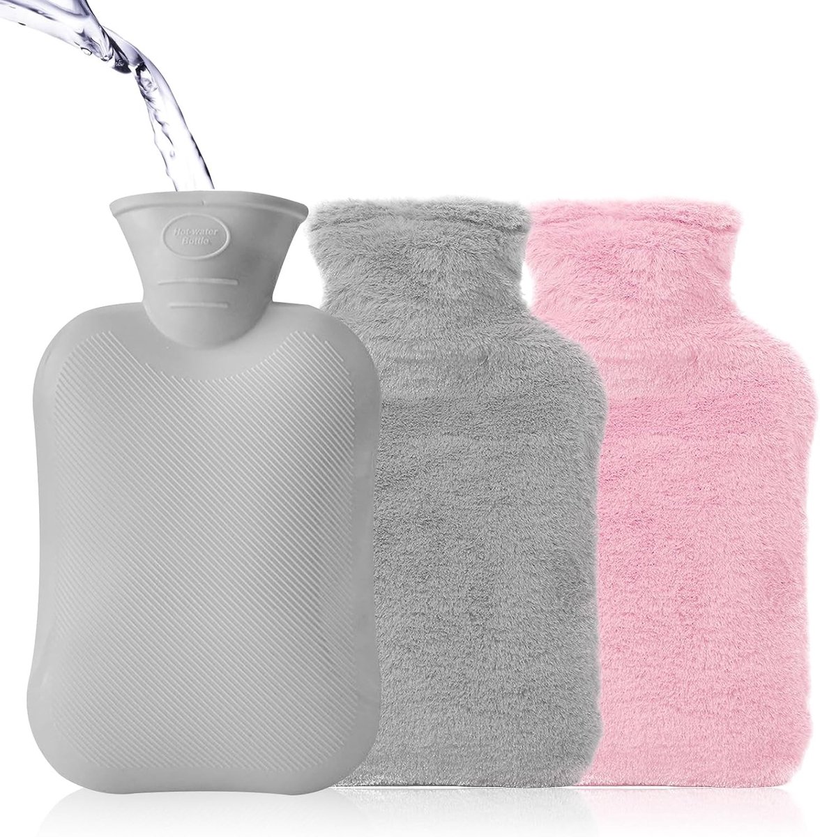 Warmwaterkruik met 2 pluche afdekkingen in grijs en roze, ideale draagbare tas voor comfort en warmte tijdens reizen en buitenactiviteiten