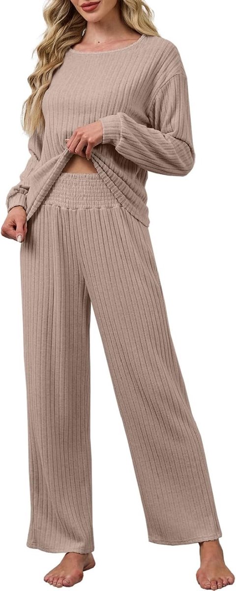 2-delige damesoutfit voor lounge, ribbed co-ord set met ronde hals, lange mouwen en wijde broek voor comfortabel reizen en ontspanning