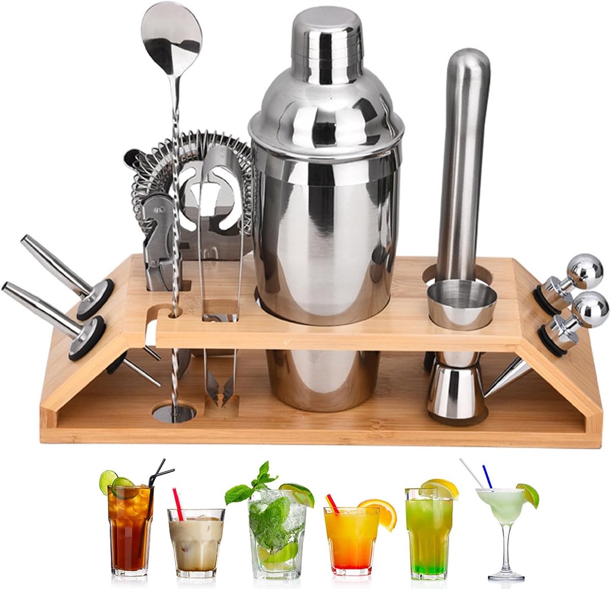 Cocktailshakerset met houten standaard, 12 stuks, 750 ml, roestvrijstalen cocktailmixset, cocktailset, voor thuis, bar, cadeau, barbarman, gereedschapsset voor Kerstmis, verjaardag, jubileum
