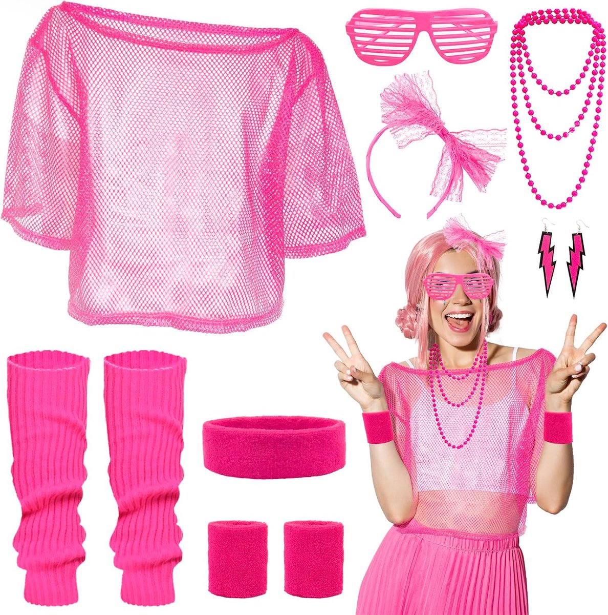 80 90 outfit dames broek set - 23-delig retro trainingspak kostuum off-shoulder neon netshirt sexy carnaval nettop accessoire T-shirt, vest, broek, hoofdband, oorbel voor carnaval themafeest