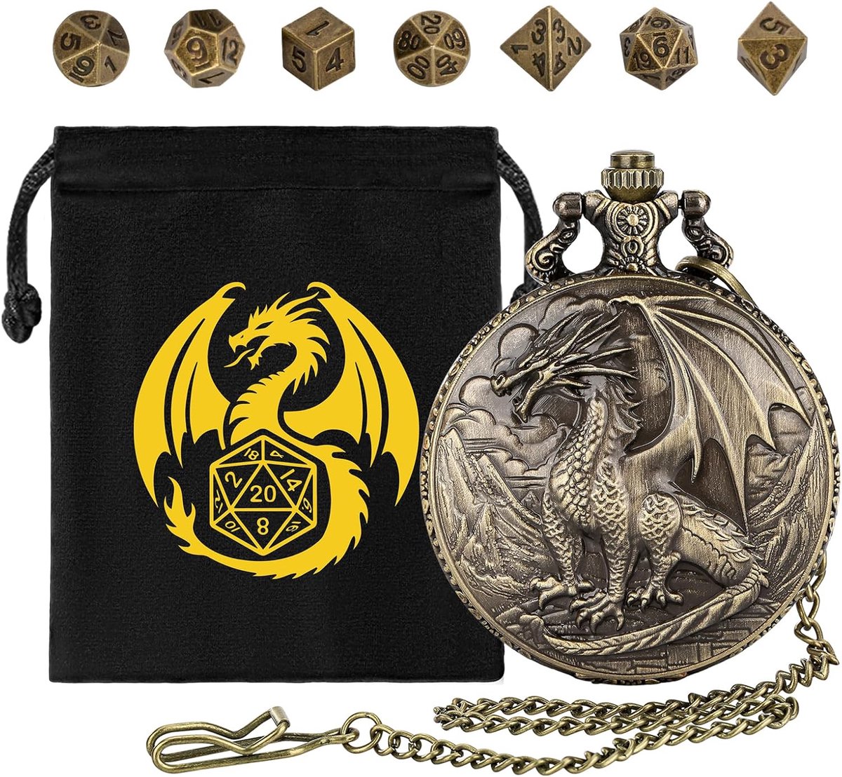DND Metalen Dobbelstenen Set, Dragon Pocket Horloge Dobbelstenen Set