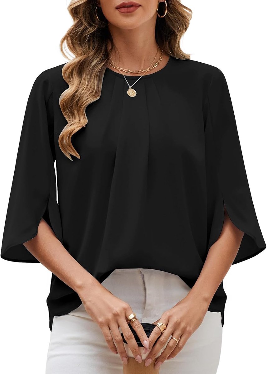 Blouses Elegante Dames 3/4 Ruche Split Mouw Tops Ronde Hals Zomer Losse Casual Chiffon Blouse T-shirts