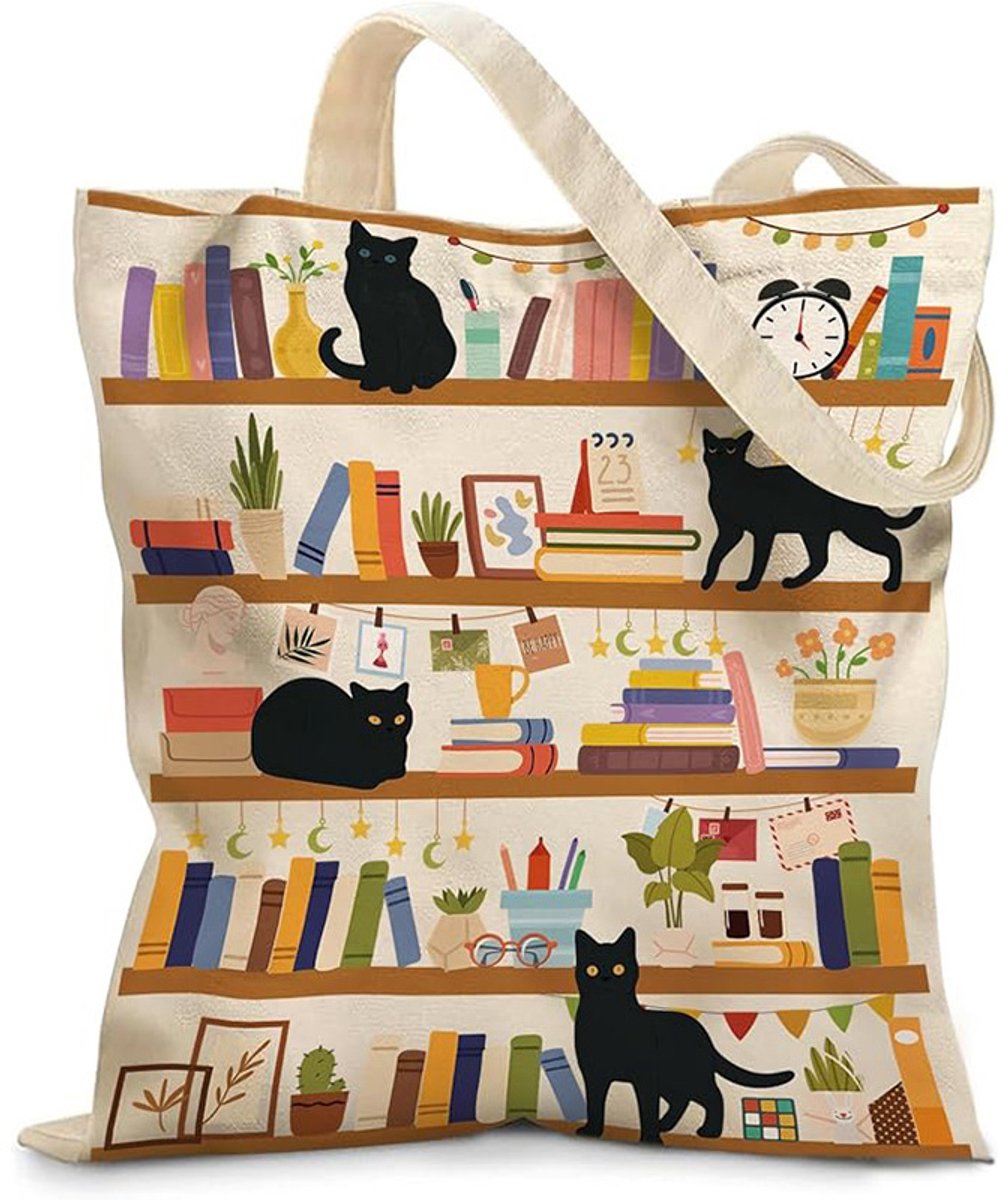 Cadeau voor vrouwen – Stijlvolle canvas tas – Met een leuk ontwerp – Herbruikbare boodschappentas – Ook te gebruiken als modeaccessoire of decoratief item – Boekenplankmotief