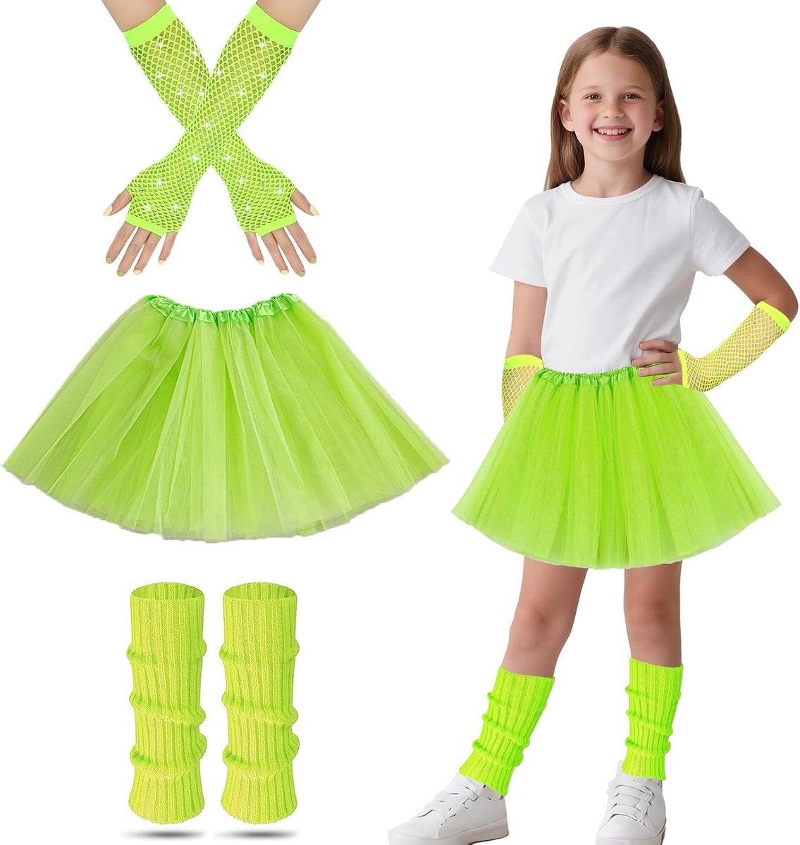 80s Kostuum voor Kinderen met Neon Jurk, Visnet Handschoenen en Accessoires voor Themafeesten