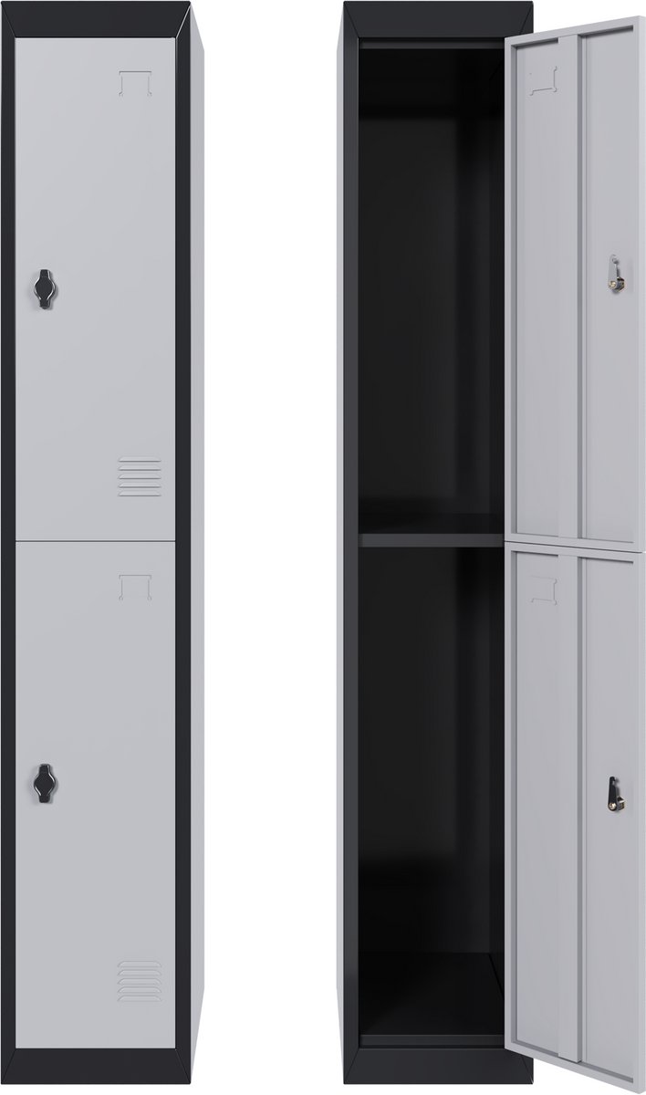 Afsluitbare Metalen Kluisjeskast met 2 Deuren - 71-72 inch Hoog - Smalle Stalen Kantoorlocker met Legplank en Kledingroede - Ventilatiegaten en Roestbestendig - Grijs en Zwart