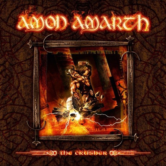 Amon Amarth - The Crusher albumcover met een gespierde man die op de grond slaat, met bliksem en vuur.