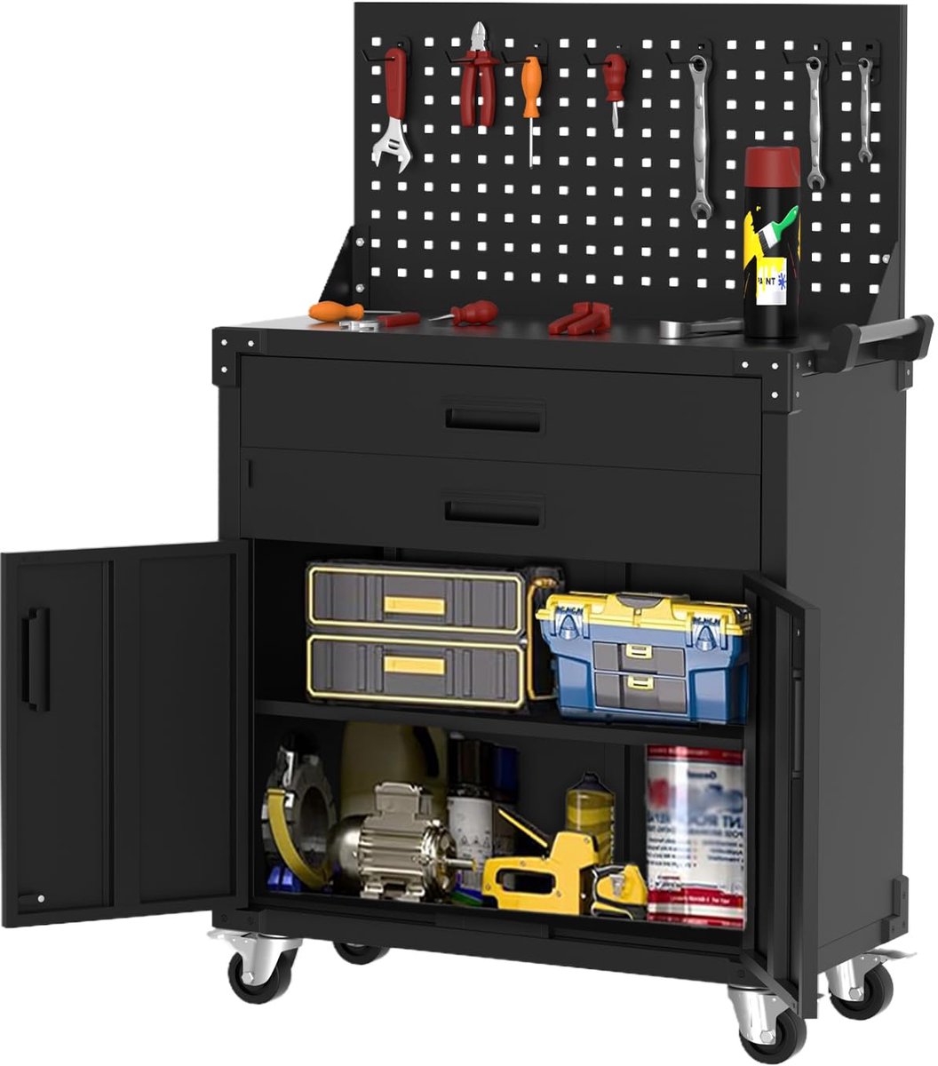 Rijdende Stalen Werkplaatskast - 2 Diepe Lades en Geperforeerd Paneel - Verstelbare Legplank - Vergrendelbare Wielen - Hoogte 35 inch - Staal 0,6 mm - Voor Garage en Werkplaats
