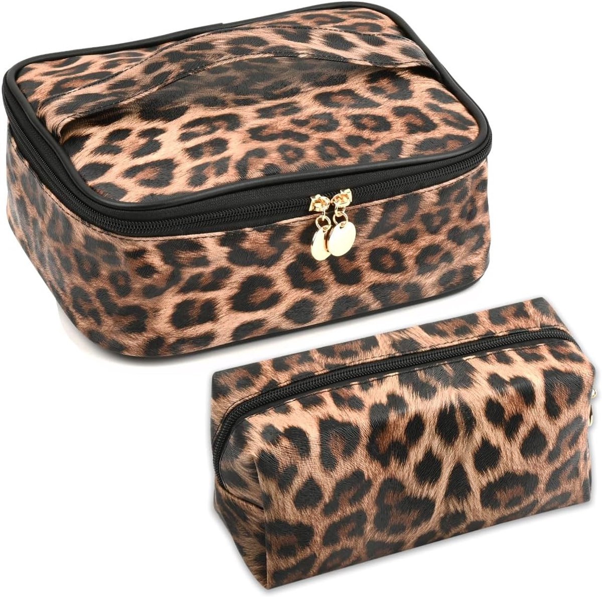 Set van Leoprint Cosmetica Tassen met Handvat en Interne Compartimenten - Praktische Make-up Organizer voor Reizen en Dagelijks Gebruik