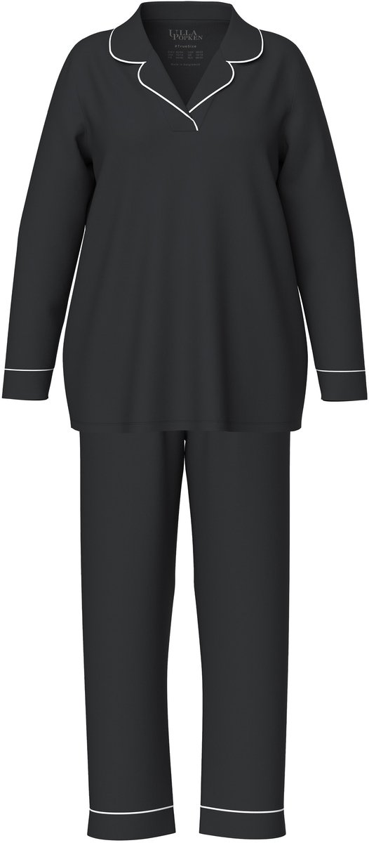 Ulla Popken Dames - Pyjama fraaie paspels V-hals lange mouwen - Zwart - Maat 62+