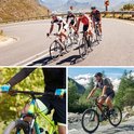 Een collage van fietsers op een weg en in de natuur. Een set zwarte fietsremmen is in het midden afgebeeld, samen met detailfoto's van fietssturen.